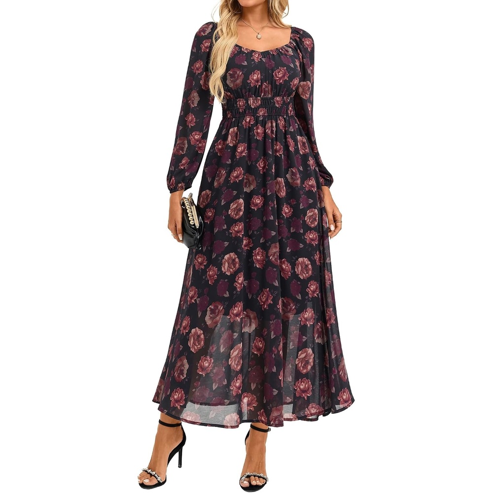 image:imageGRACE KARIN Womens Fall Long Sleeve Floral Wedding Guest Maxi DressBlack Red
