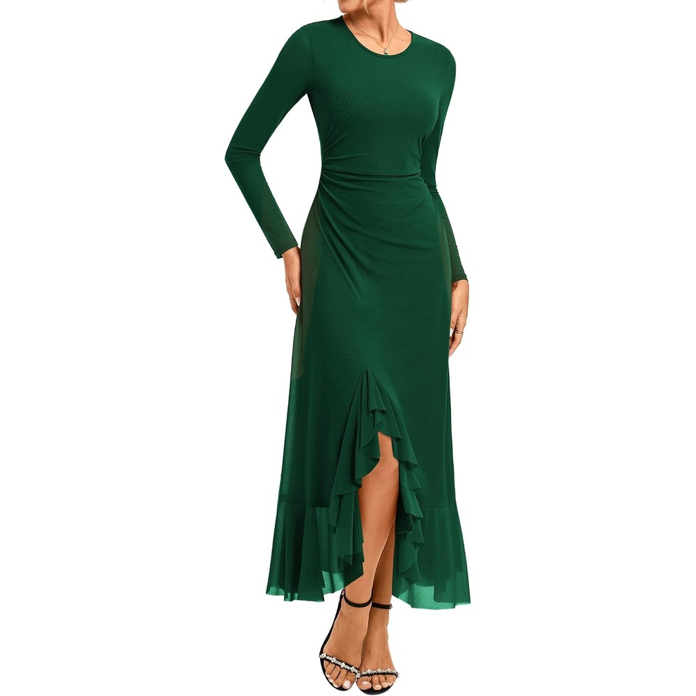 image:imageGRACE KARIN Womens Fall Wedding Guest Dress Long Sleeve Maxi Mesh DressesDark Green