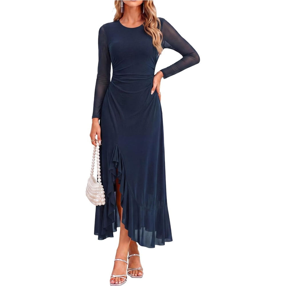 image:imageGRACE KARIN Womens Fall Wedding Guest Dress Long Sleeve Maxi Mesh DressesNavy