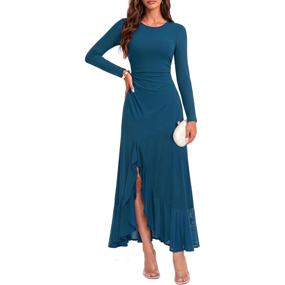 image:imageGRACE KARIN Womens Fall Wedding Guest Dress Long Sleeve Maxi Mesh DressesPeacock Blue