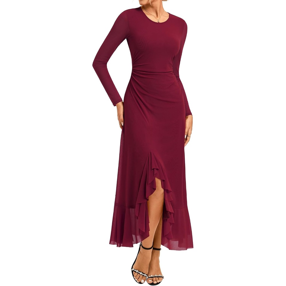 image:imageGRACE KARIN Womens Fall Wedding Guest Dress Long Sleeve Maxi Mesh DressesWine