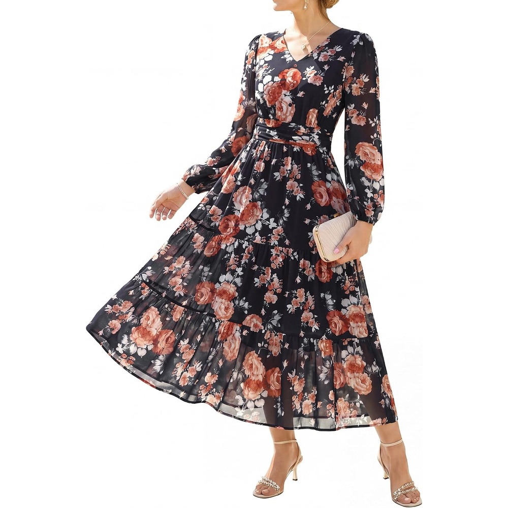 image:imageGRACE KARIN Womens Floral Maxi Dress Long Sleeve Wedding Guest DressesBlack Gray With Red Roses