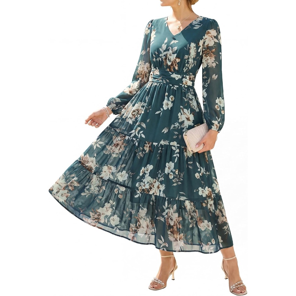 image:imageGRACE KARIN Womens Floral Maxi Dress Long Sleeve Wedding Guest DressesDark Gray Green With White Flowers