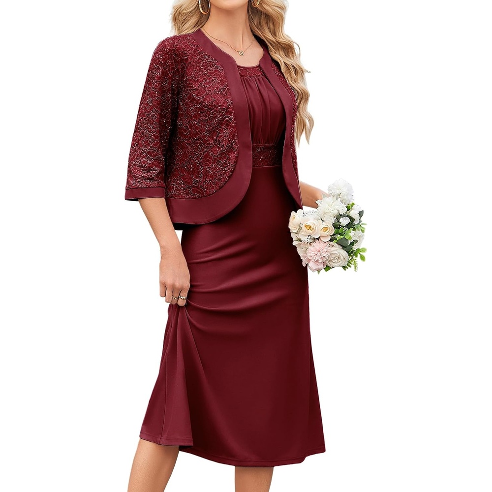 image:imageGRACE KARIN Womens Formal Wedding Guest Dress2 Piece Mother of The Bride DressesTea Party Sequin Dress with JacketWine