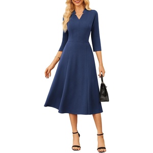 GRACE KARIN Women 3/4 Sleeve Work Church Dress with Pocket(Navy Blue)