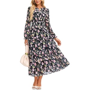 GRACE KARIN Women’s 2026 Fall Maxi Chiffon Floral Casual Dress(Black Pink Floral)