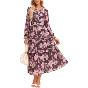 GRACE KARIN Women’s 2026 Fall Maxi Chiffon Floral Casual Dress(Pink Black Floral)