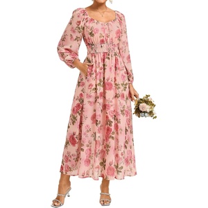 GRACE KARIN Women’s Fall Long Sleeve Floral Wedding Guest Maxi Dress(Pink Floral)