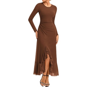 GRACE KARIN Women’s Fall Wedding Guest Dress Long Sleeve Maxi Mesh Dresses(Coffee)