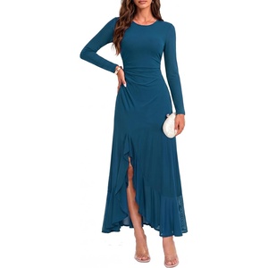 GRACE KARIN Women’s Fall Wedding Guest Dress Long Sleeve Maxi Mesh Dresses(Peacock Blue)