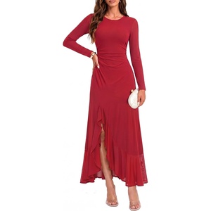 GRACE KARIN Women’s Fall Wedding Guest Dress Long Sleeve Maxi Mesh Dresses(Red)