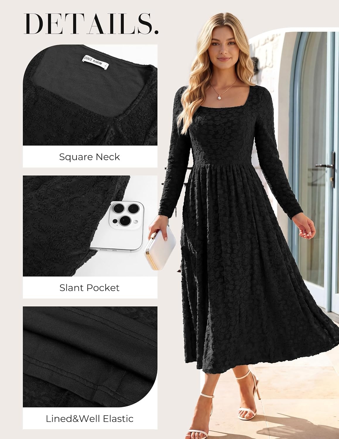 image:imageGRACE KARIN Womens Fall Wedding Guest Long Sleeve Midi DressBlack