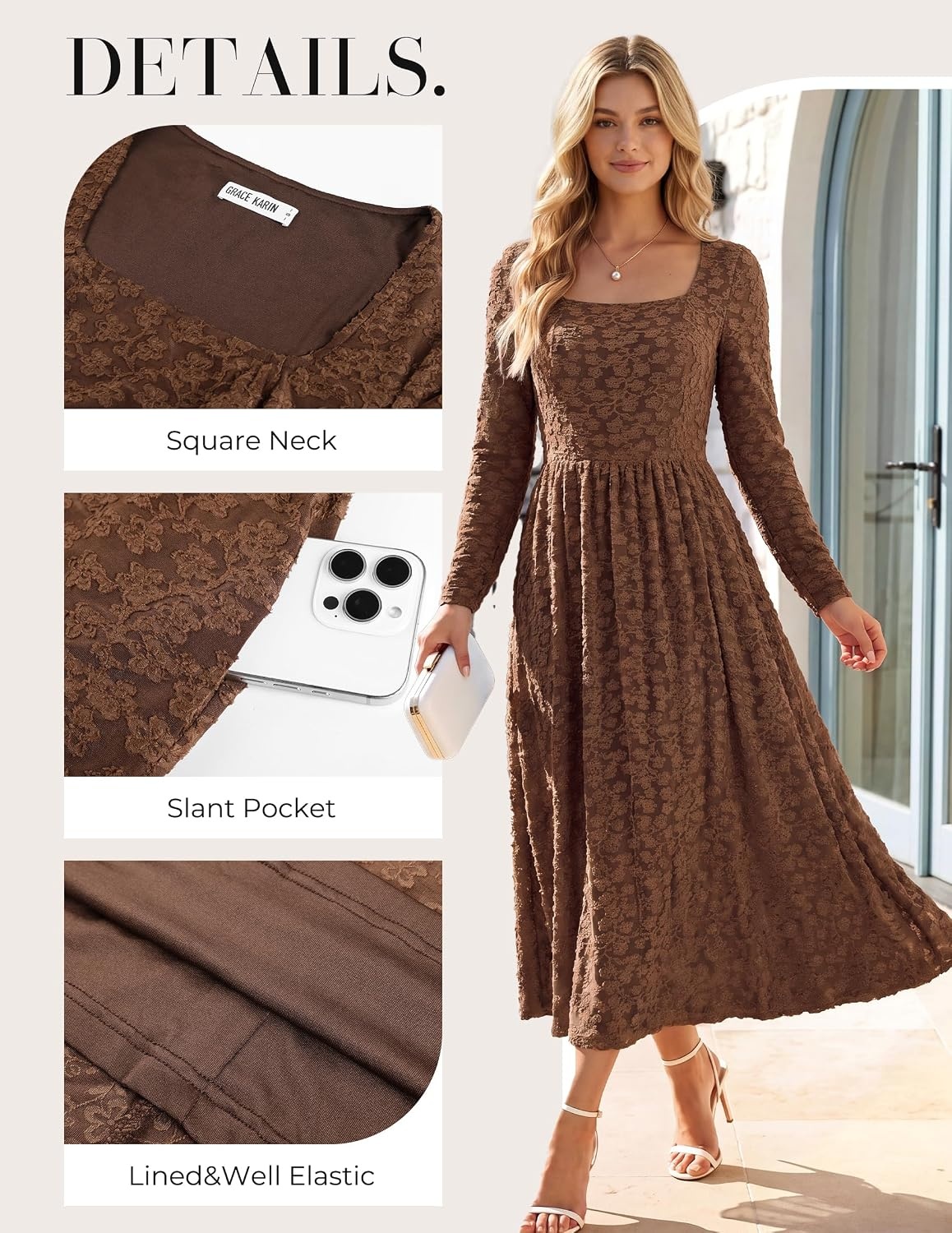 image:imageGRACE KARIN Womens Fall Wedding Guest Long Sleeve Midi DressCoffee