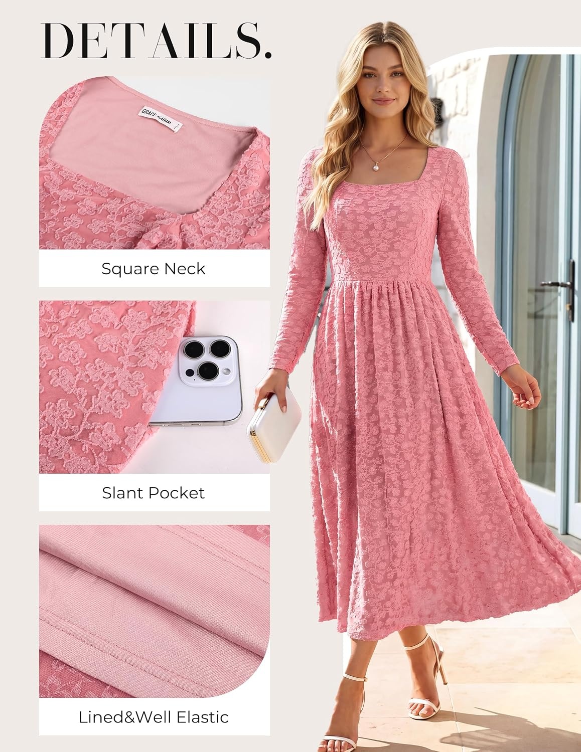 image:imageGRACE KARIN Womens Fall Wedding Guest Long Sleeve Midi DressGray Pink