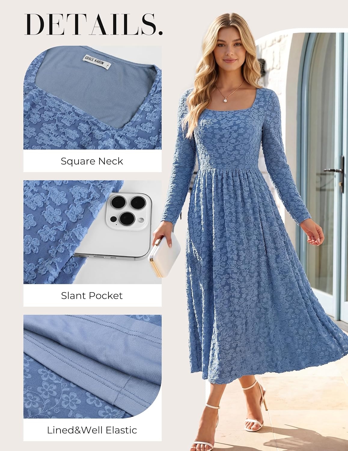 image:imageGRACE KARIN Womens Fall Wedding Guest Long Sleeve Midi DressLight Gray Blue