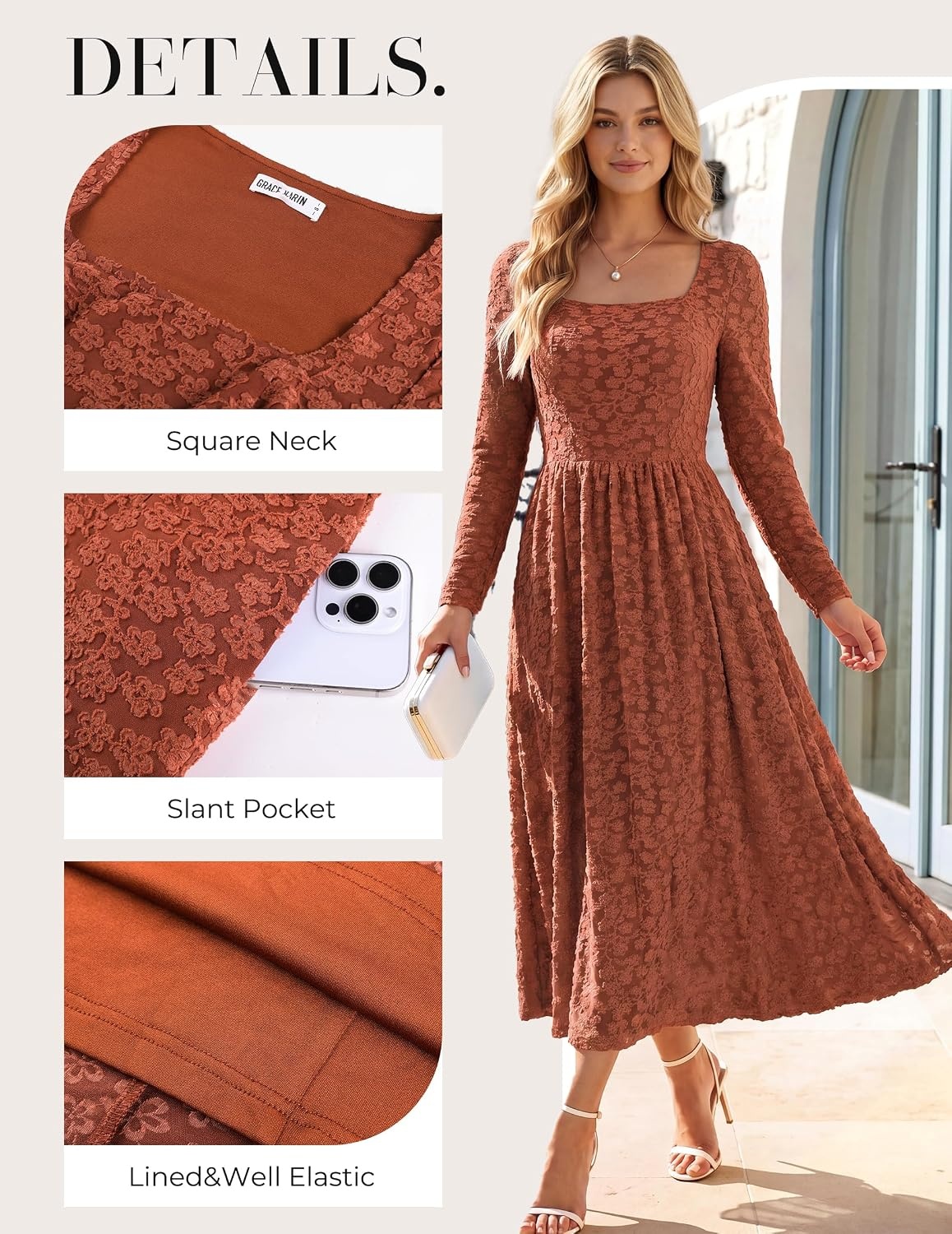 image:imageGRACE KARIN Womens Fall Wedding Guest Long Sleeve Midi DressRose Red