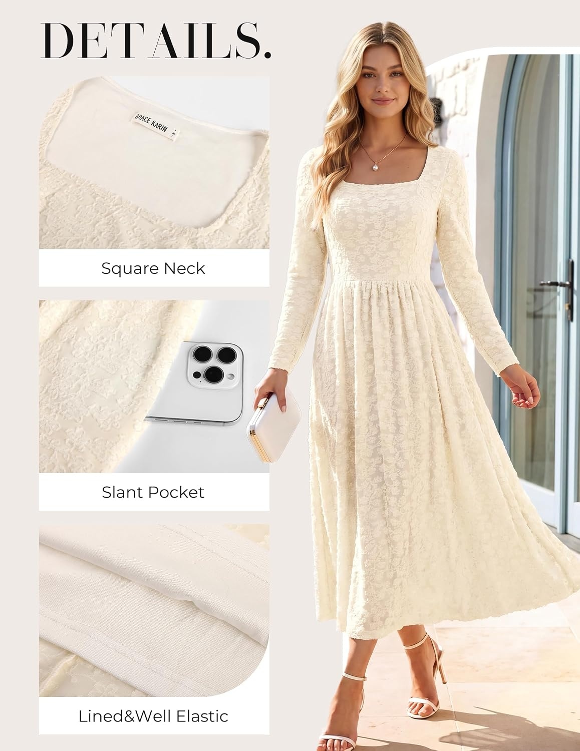 image:imageGRACE KARIN Womens Fall Wedding Guest Long Sleeve Midi DressWhite