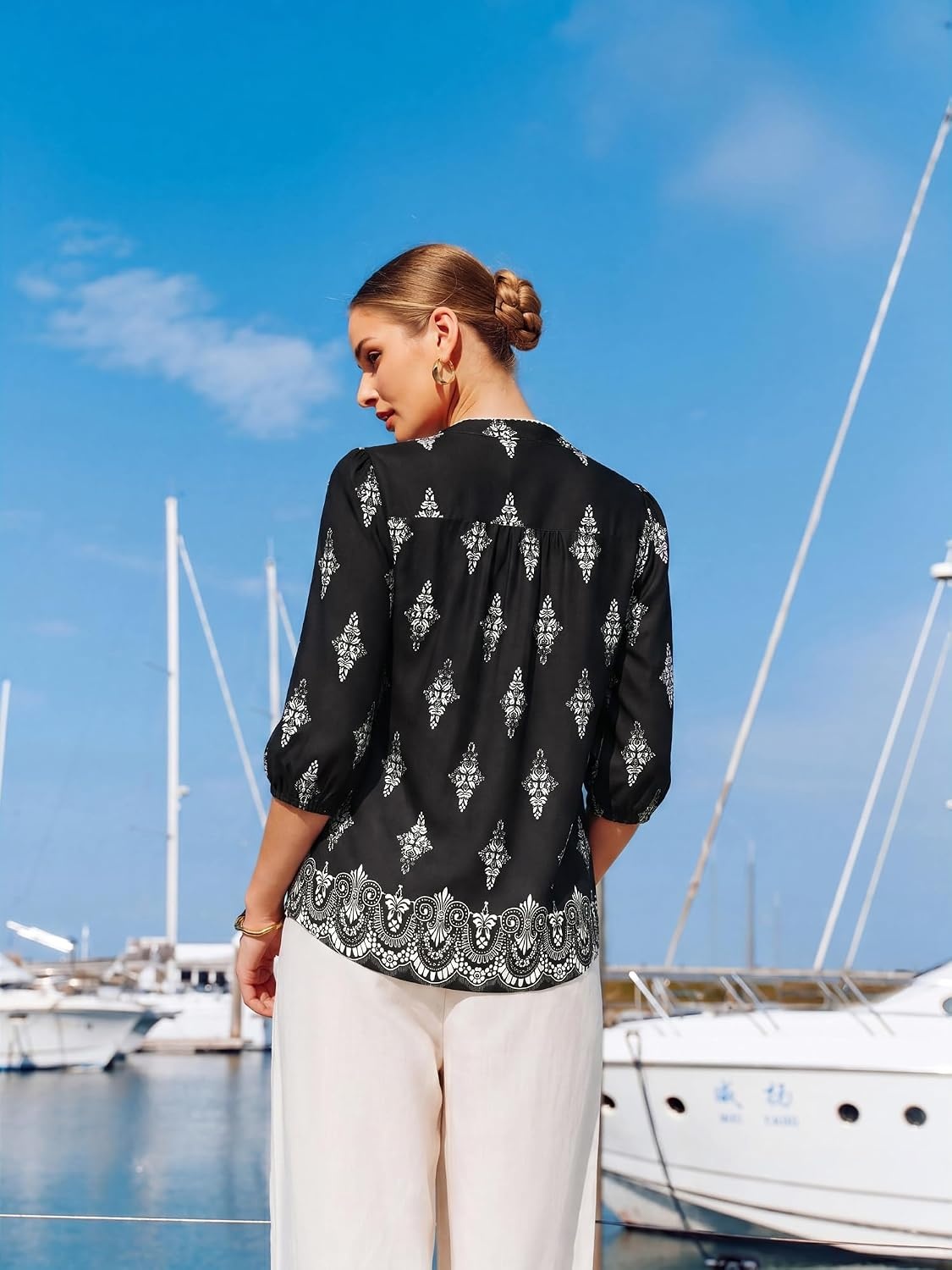 image:imageGRACE KARIN Boho Tops for Women Summer Dressy Casual Floral Blouses V Neck Button Up 34 Sleeve Shirts for VacationBlack