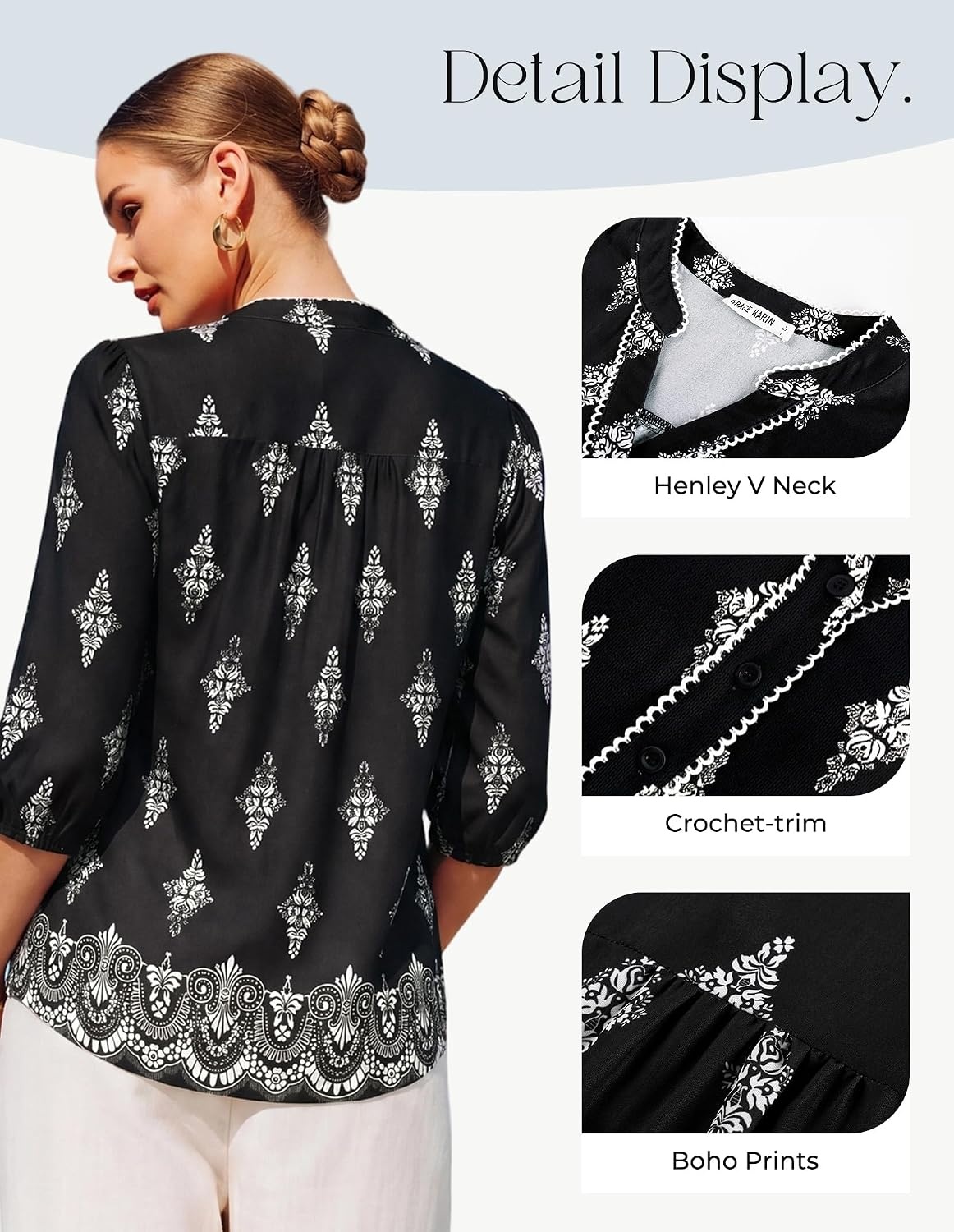 image:imageGRACE KARIN Boho Tops for Women Summer Dressy Casual Floral Blouses V Neck Button Up 34 Sleeve Shirts for VacationBlack