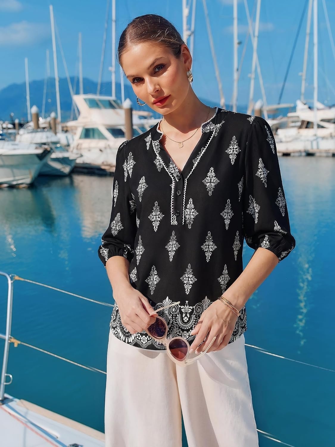 image:imageGRACE KARIN Boho Tops for Women Summer Dressy Casual Floral Blouses V Neck Button Up 34 Sleeve Shirts for VacationBlack