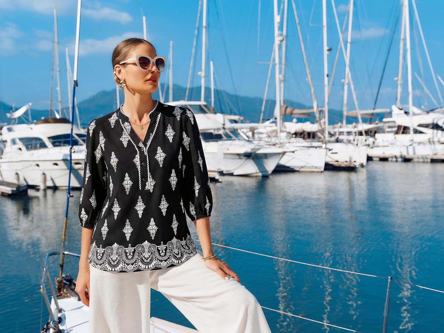 image:imageGRACE KARIN Boho Tops for Women Summer Dressy Casual Floral Blouses V Neck Button Up 34 Sleeve Shirts for VacationBlack