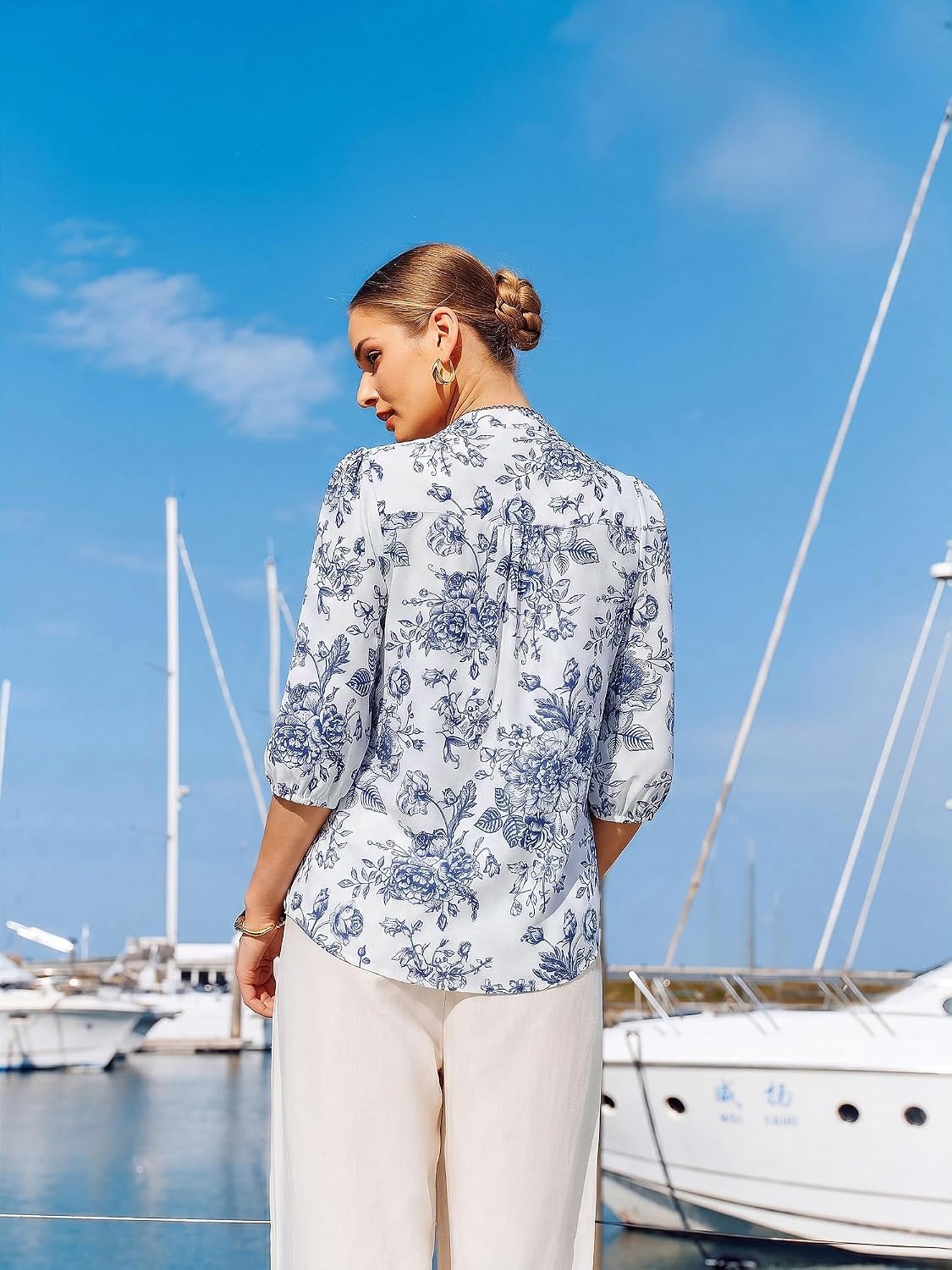 image:imageGRACE KARIN Boho Tops for Women Summer Dressy Casual Floral Blouses V Neck Button Up 34 Sleeve Shirts for VacationBlue Floral