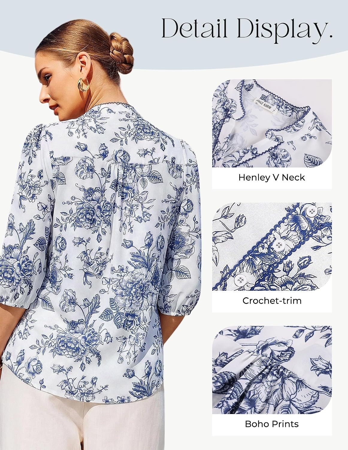 image:imageGRACE KARIN Boho Tops for Women Summer Dressy Casual Floral Blouses V Neck Button Up 34 Sleeve Shirts for VacationBlue Floral