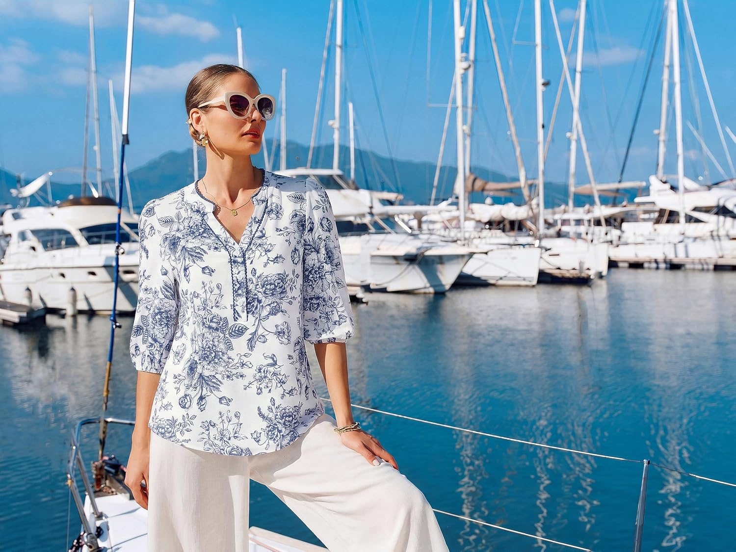 image:imageGRACE KARIN Boho Tops for Women Summer Dressy Casual Floral Blouses V Neck Button Up 34 Sleeve Shirts for VacationBlue Floral