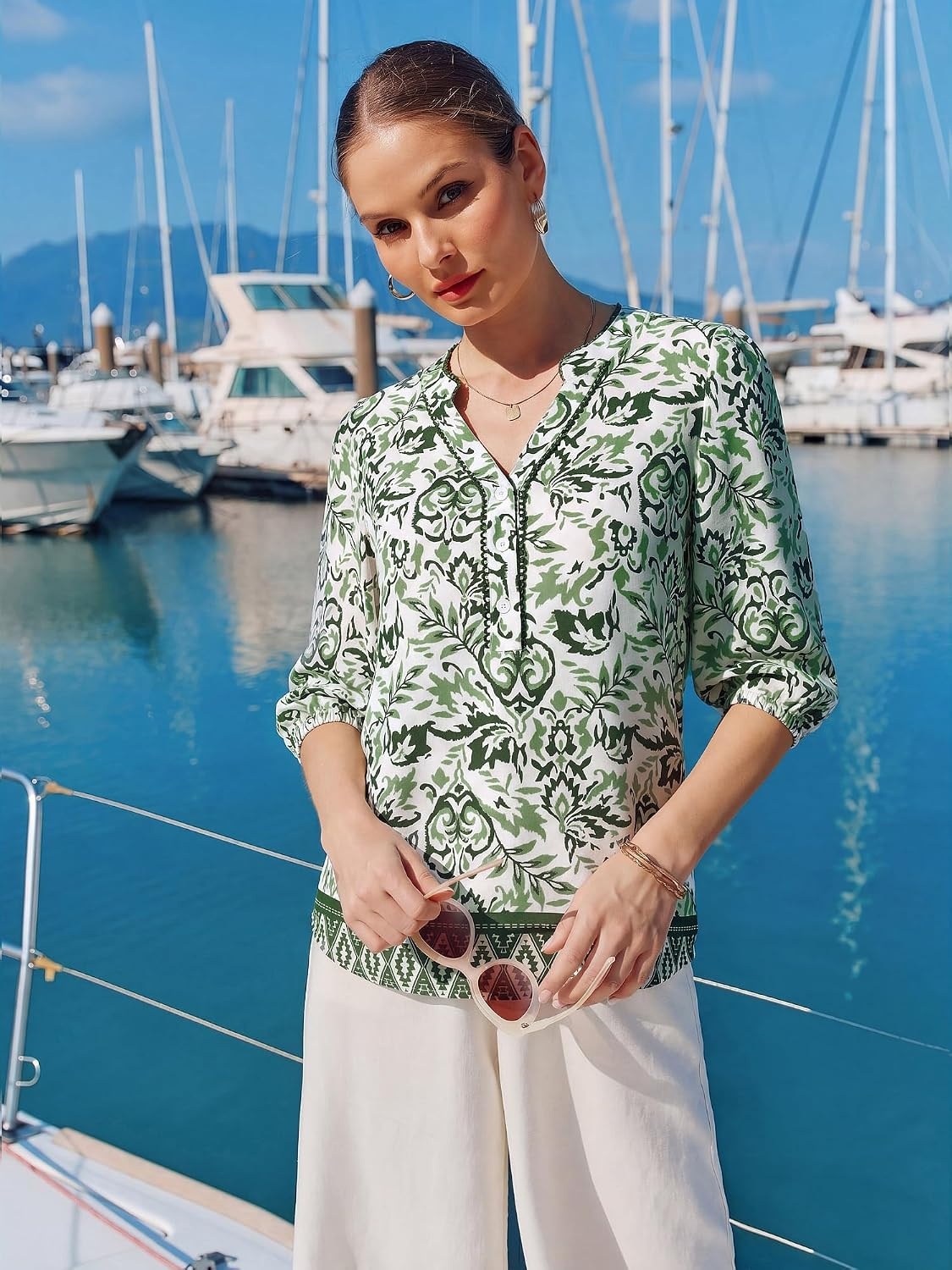 image:imageGRACE KARIN Boho Tops for Women Summer Dressy Casual Floral Blouses V Neck Button Up 34 Sleeve Shirts for VacationGreen Floral