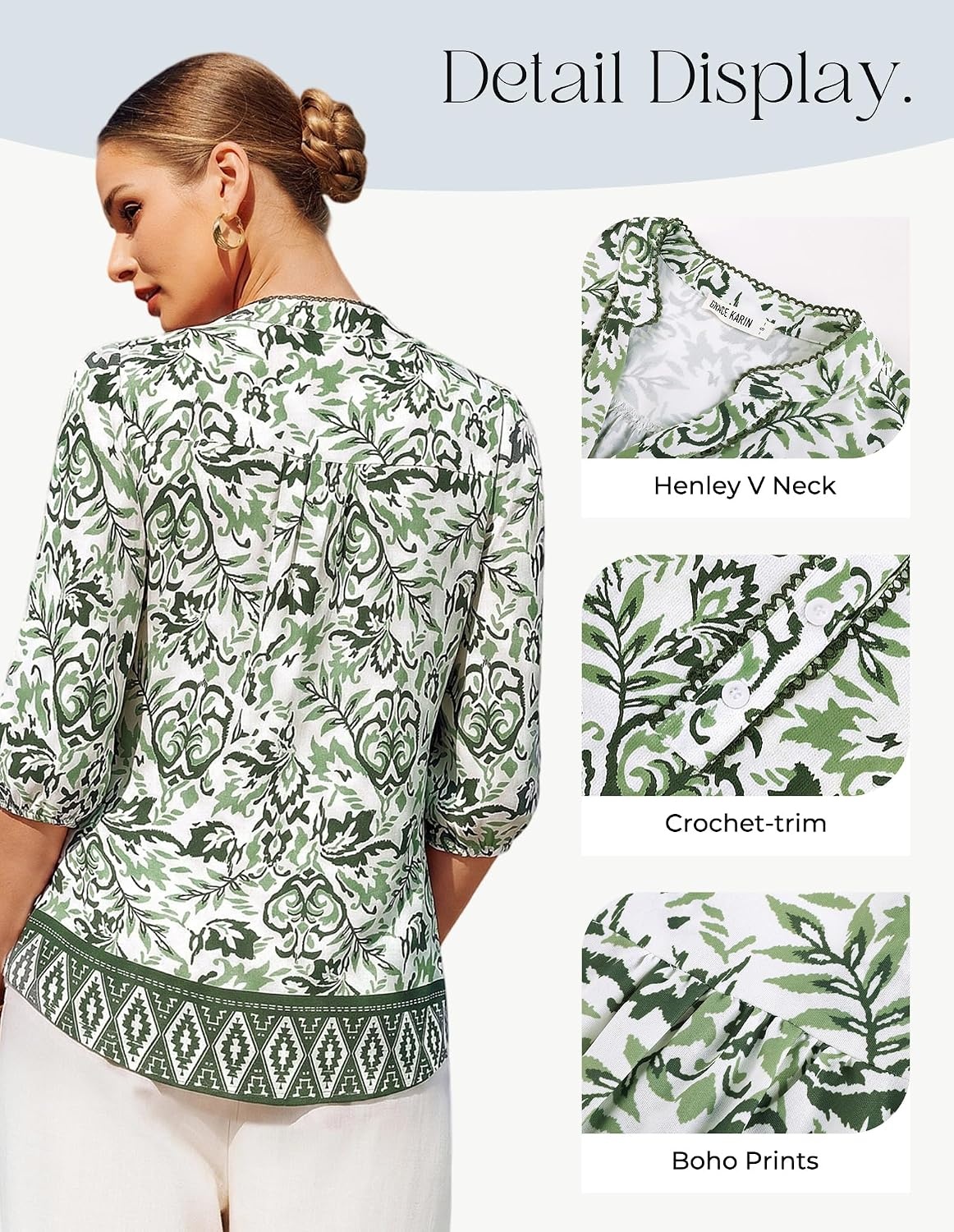 image:imageGRACE KARIN Boho Tops for Women Summer Dressy Casual Floral Blouses V Neck Button Up 34 Sleeve Shirts for VacationGreen Floral