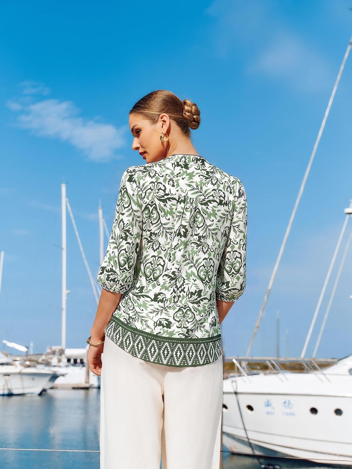 image:imageGRACE KARIN Boho Tops for Women Summer Dressy Casual Floral Blouses V Neck Button Up 34 Sleeve Shirts for VacationGreen Floral