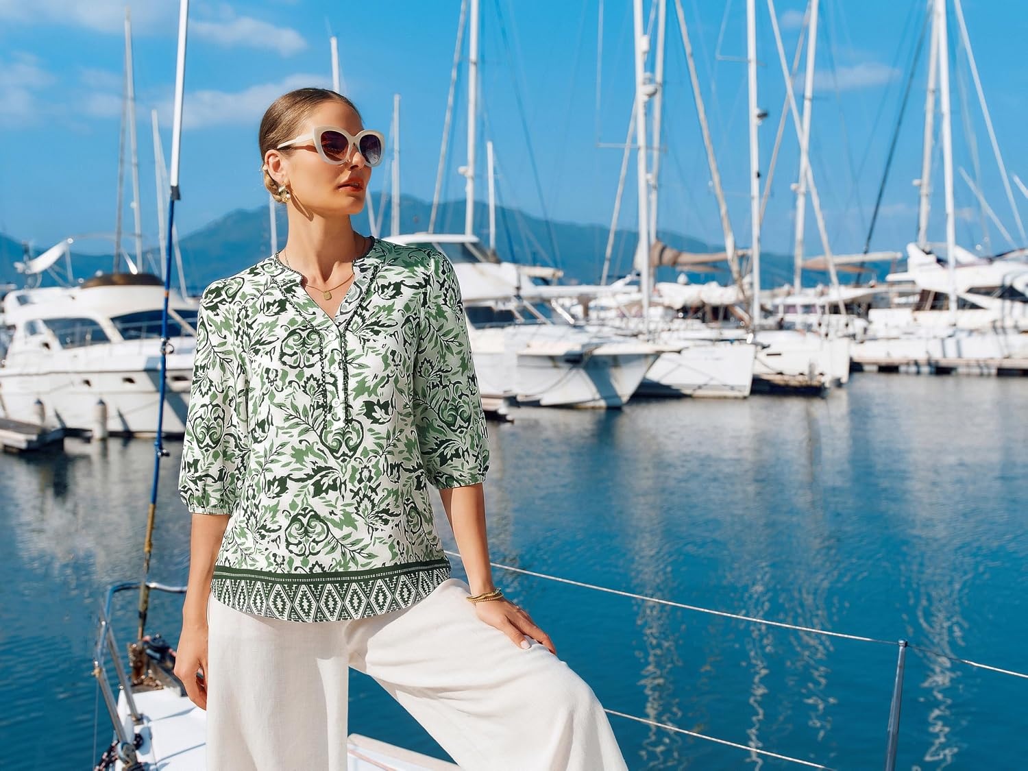 image:imageGRACE KARIN Boho Tops for Women Summer Dressy Casual Floral Blouses V Neck Button Up 34 Sleeve Shirts for VacationGreen Floral