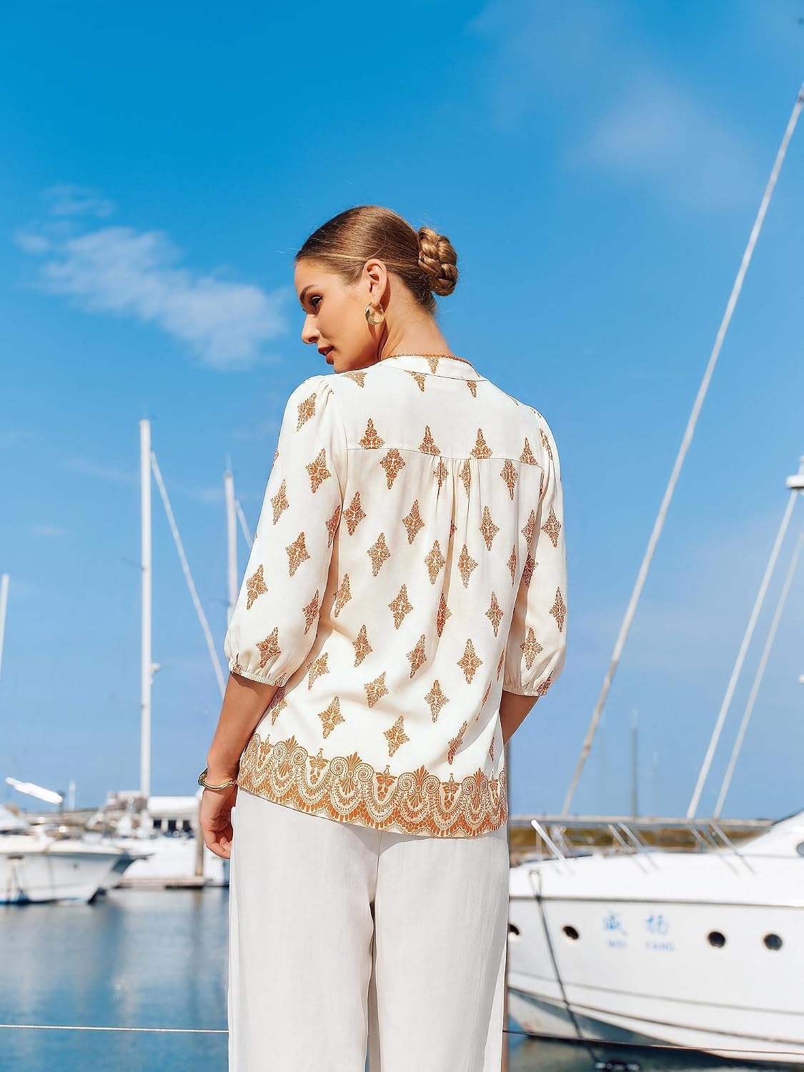 image:imageGRACE KARIN Boho Tops for Women Summer Dressy Casual Floral Blouses V Neck Button Up 34 Sleeve Shirts for VacationOragne Floral