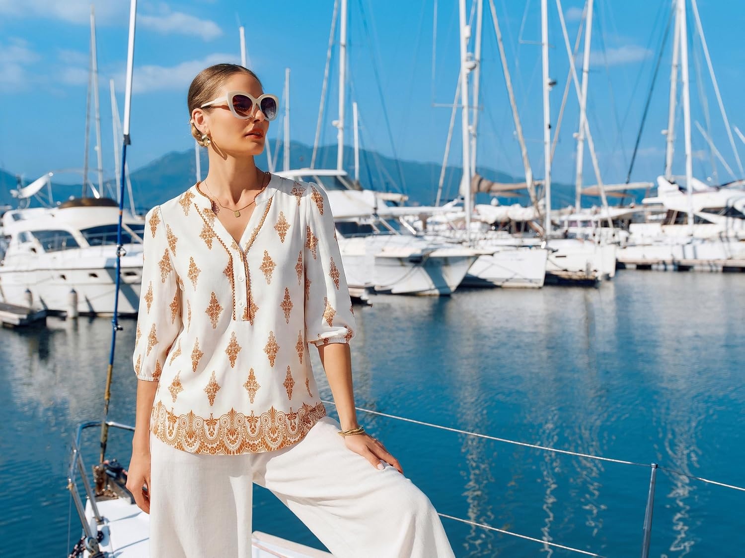 image:imageGRACE KARIN Boho Tops for Women Summer Dressy Casual Floral Blouses V Neck Button Up 34 Sleeve Shirts for VacationOragne Floral
