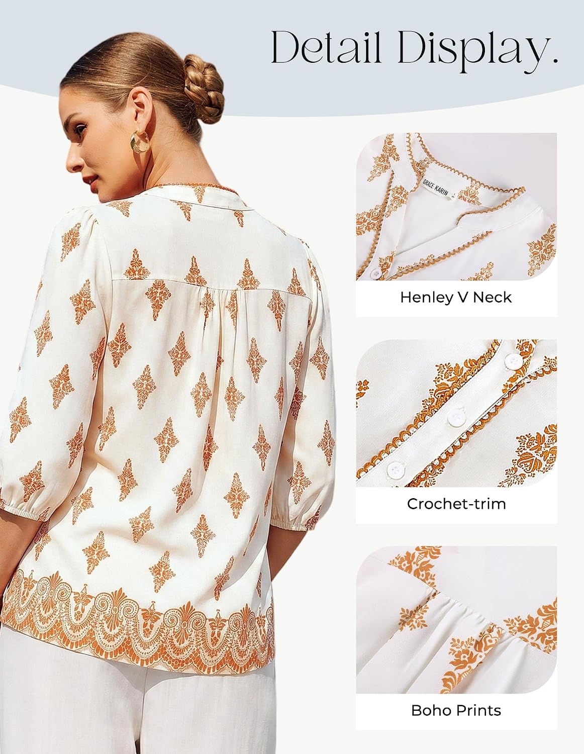 image:imageGRACE KARIN Boho Tops for Women Summer Dressy Casual Floral Blouses V Neck Button Up 34 Sleeve Shirts for VacationOragne Floral