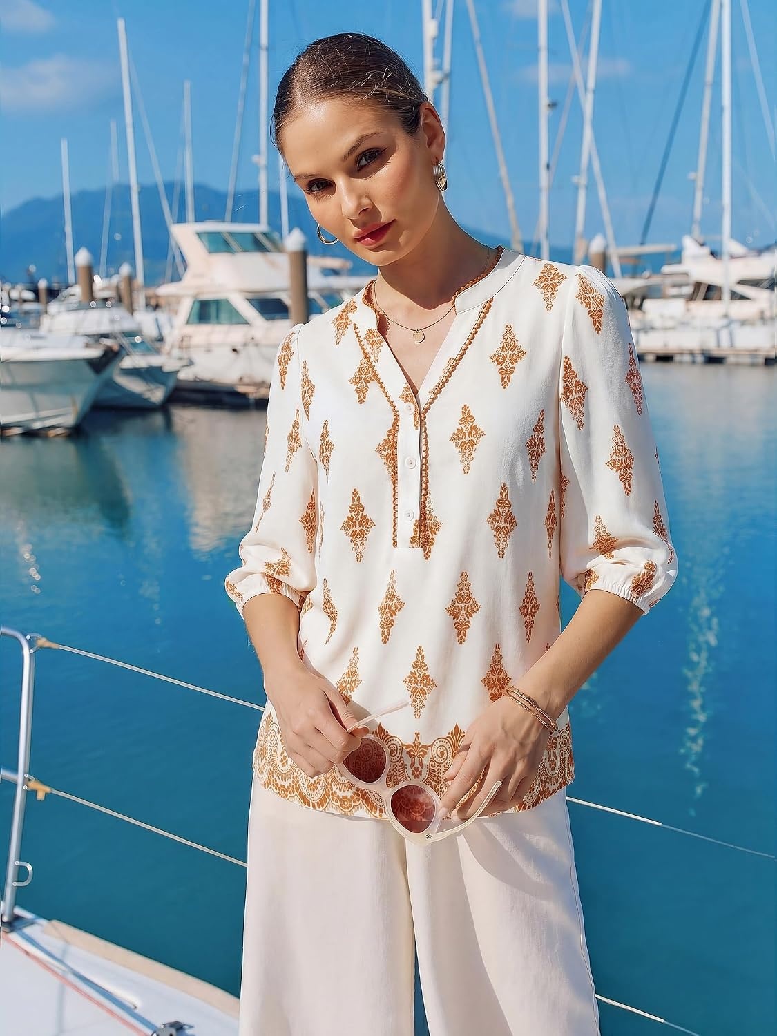 image:imageGRACE KARIN Boho Tops for Women Summer Dressy Casual Floral Blouses V Neck Button Up 34 Sleeve Shirts for VacationOragne Floral