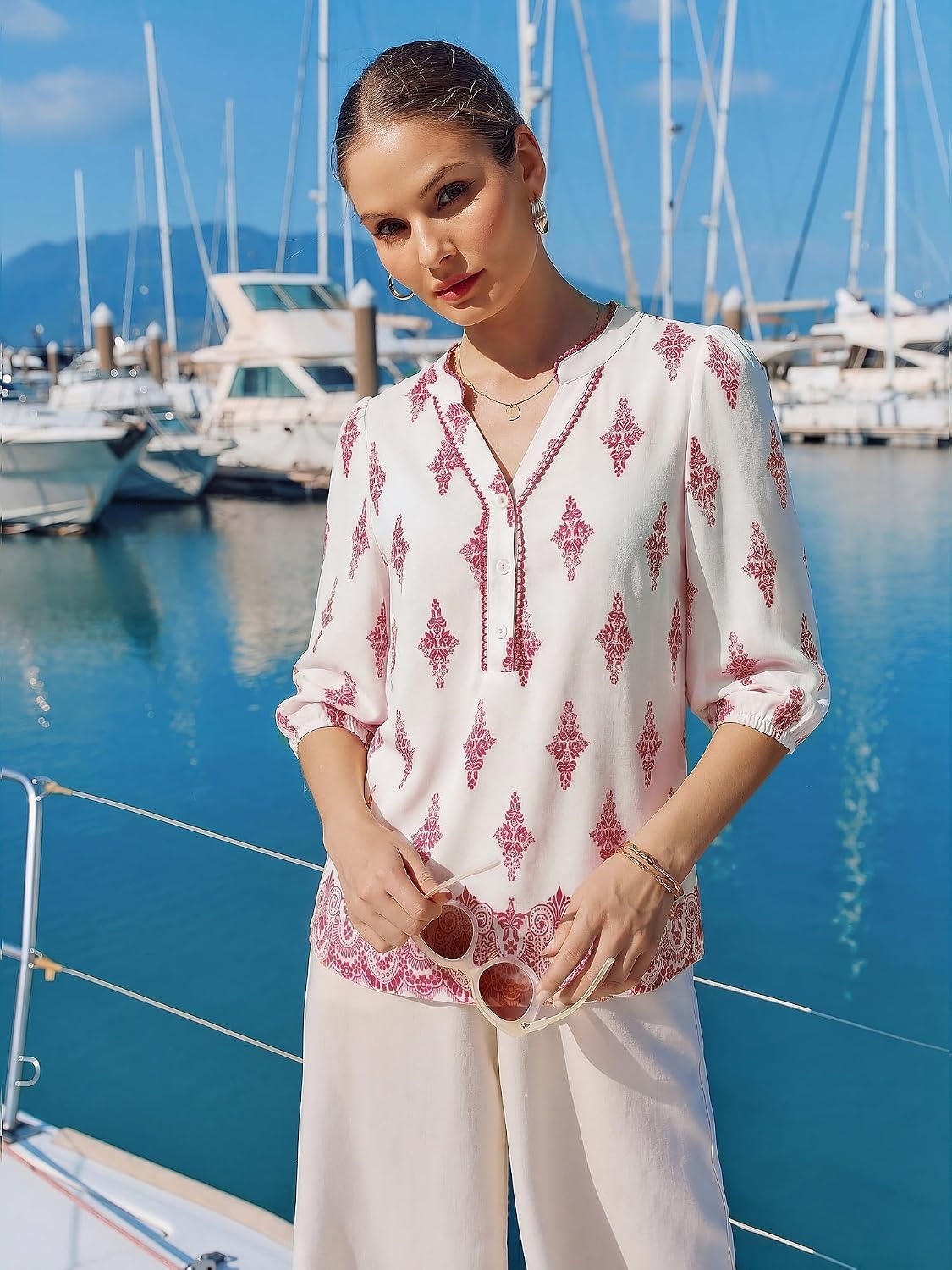 image:imageGRACE KARIN Boho Tops for Women Summer Dressy Casual Floral Blouses V Neck Button Up 34 Sleeve Shirts for VacationPink Floral