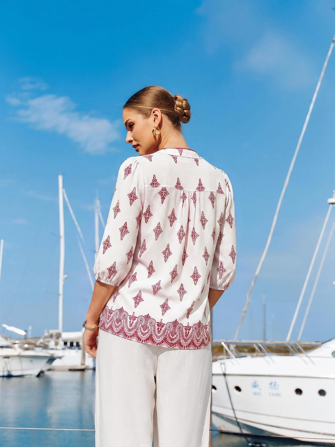 image:imageGRACE KARIN Boho Tops for Women Summer Dressy Casual Floral Blouses V Neck Button Up 34 Sleeve Shirts for VacationPink Floral