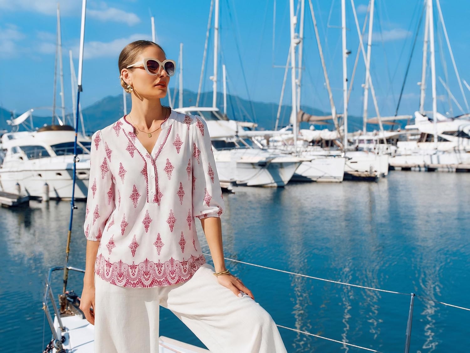 image:imageGRACE KARIN Boho Tops for Women Summer Dressy Casual Floral Blouses V Neck Button Up 34 Sleeve Shirts for VacationPink Floral