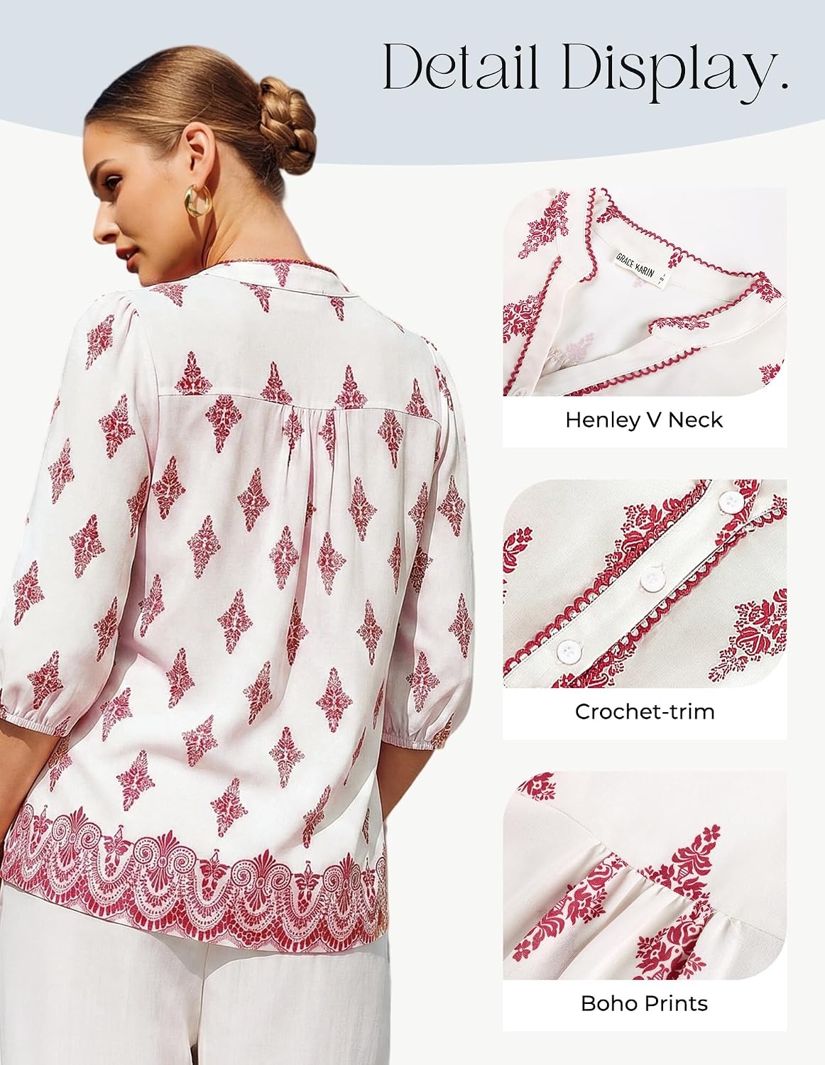image:imageGRACE KARIN Boho Tops for Women Summer Dressy Casual Floral Blouses V Neck Button Up 34 Sleeve Shirts for VacationPink Floral