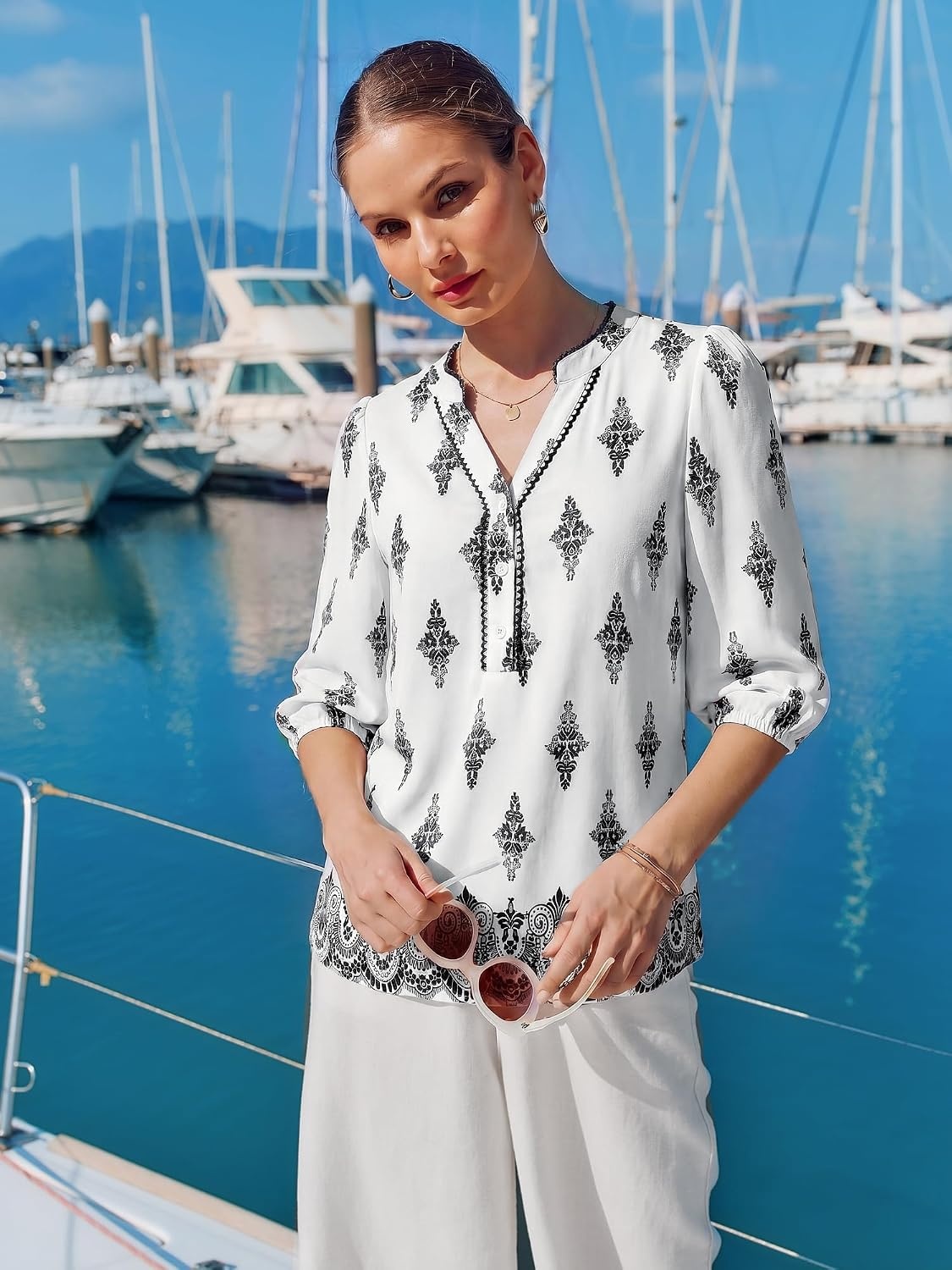 image:imageGRACE KARIN Boho Tops for Women Summer Dressy Casual Floral Blouses V Neck Button Up 34 Sleeve Shirts for VacationWhite Black