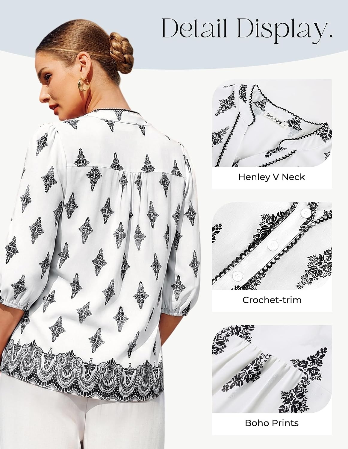 image:imageGRACE KARIN Boho Tops for Women Summer Dressy Casual Floral Blouses V Neck Button Up 34 Sleeve Shirts for VacationWhite Black