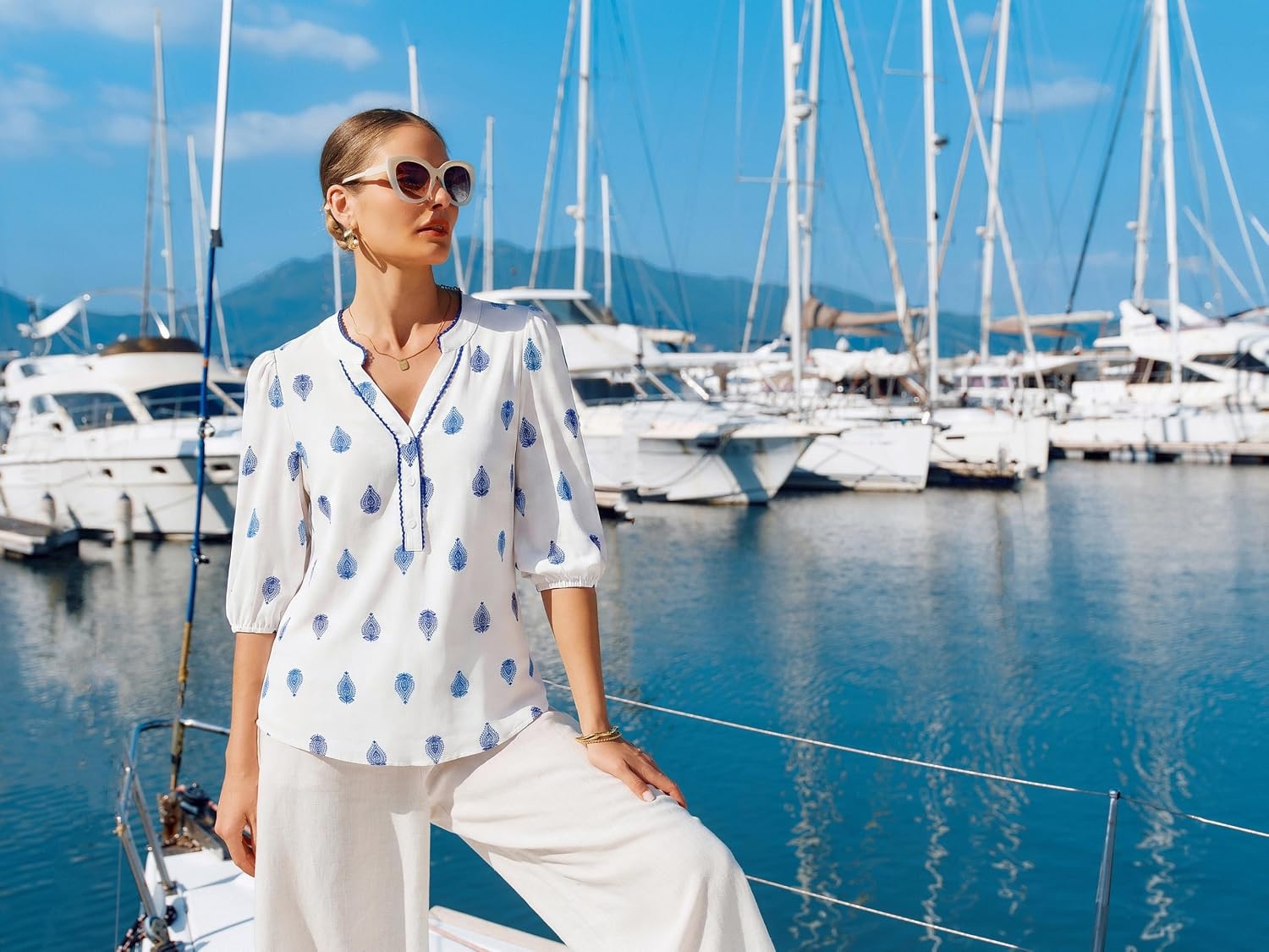 image:imageGRACE KARIN Boho Tops for Women Summer Dressy Casual Floral Blouses V Neck Button Up 34 Sleeve Shirts for VacationWhite Blue Floral