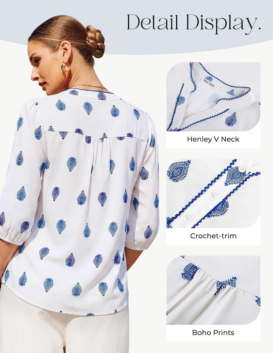 image:imageGRACE KARIN Boho Tops for Women Summer Dressy Casual Floral Blouses V Neck Button Up 34 Sleeve Shirts for VacationWhite Blue Floral
