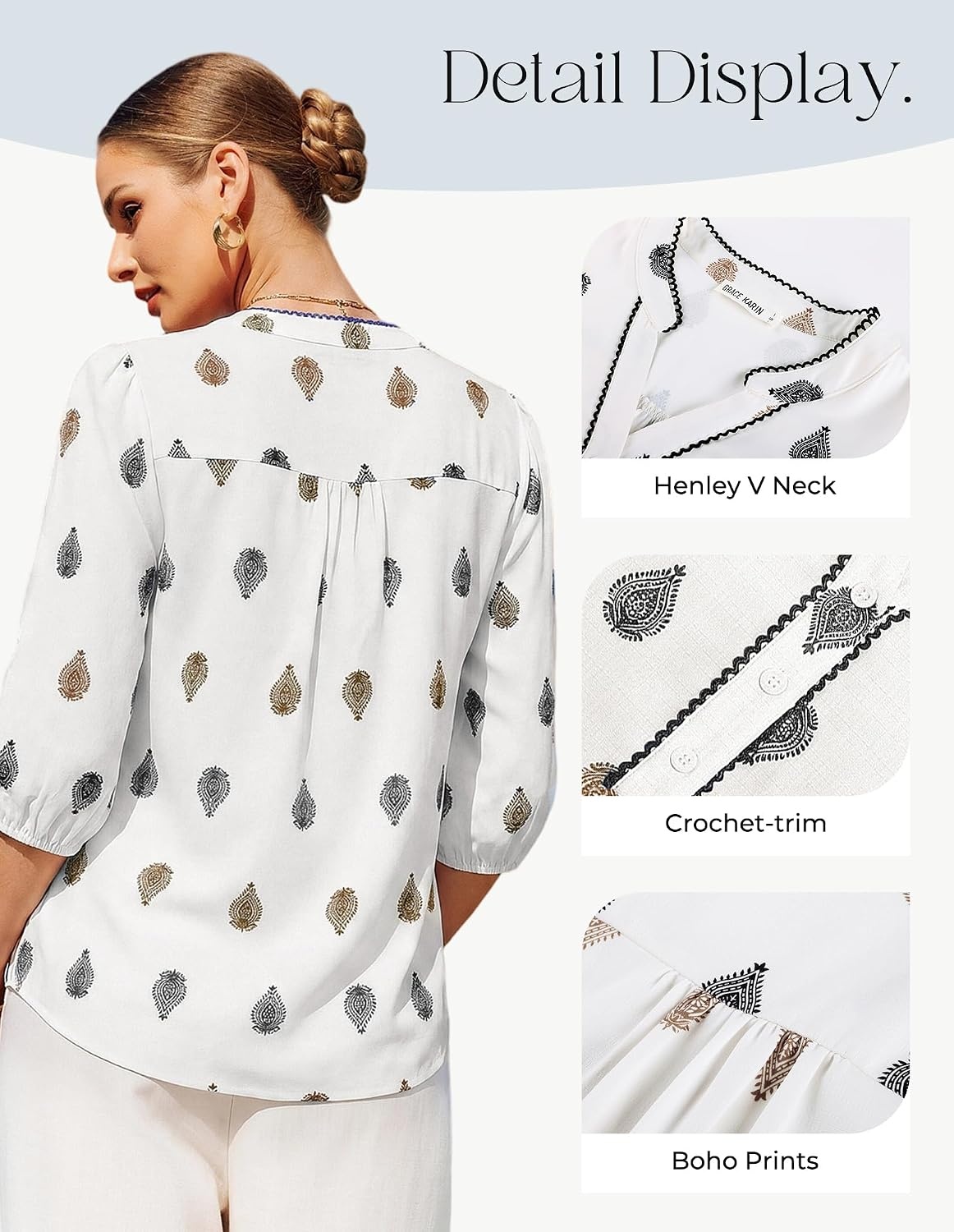 image:imageGRACE KARIN Boho Tops for Women Summer Dressy Casual Floral Blouses V Neck Button Up 34 Sleeve Shirts for VacationWhite Coffee Floral