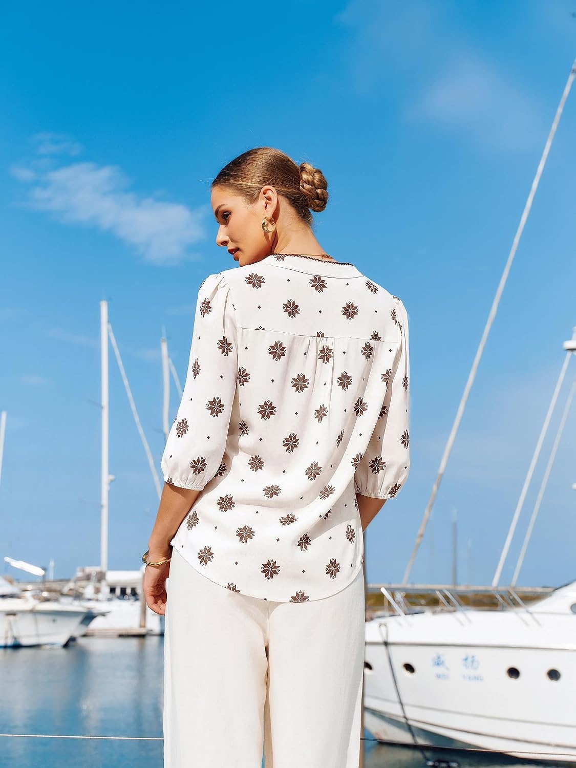 image:imageGRACE KARIN Boho Tops for Women Summer Dressy Casual Floral Blouses V Neck Button Up 34 Sleeve Shirts for VacationWhite Floral