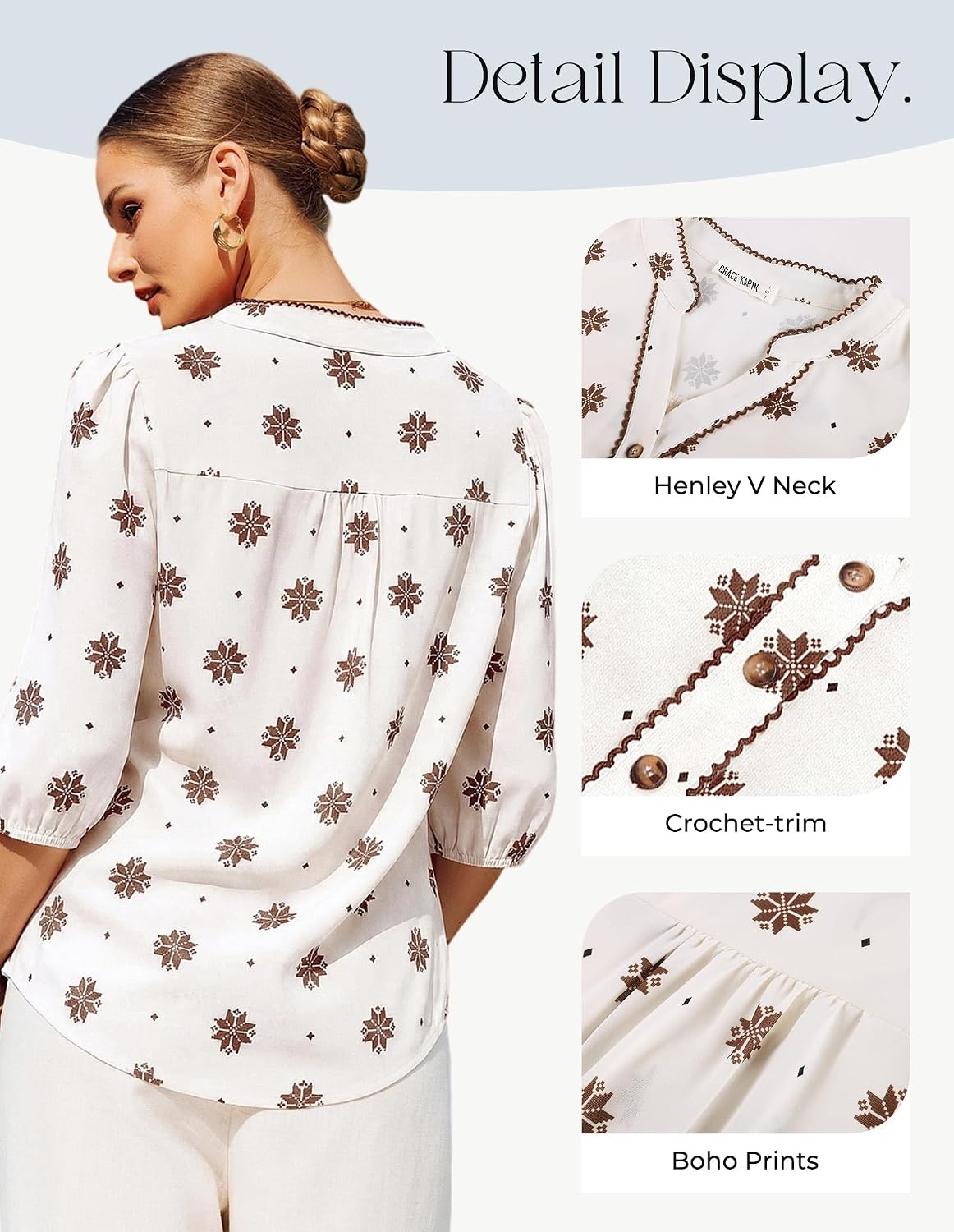 image:imageGRACE KARIN Boho Tops for Women Summer Dressy Casual Floral Blouses V Neck Button Up 34 Sleeve Shirts for VacationWhite Floral