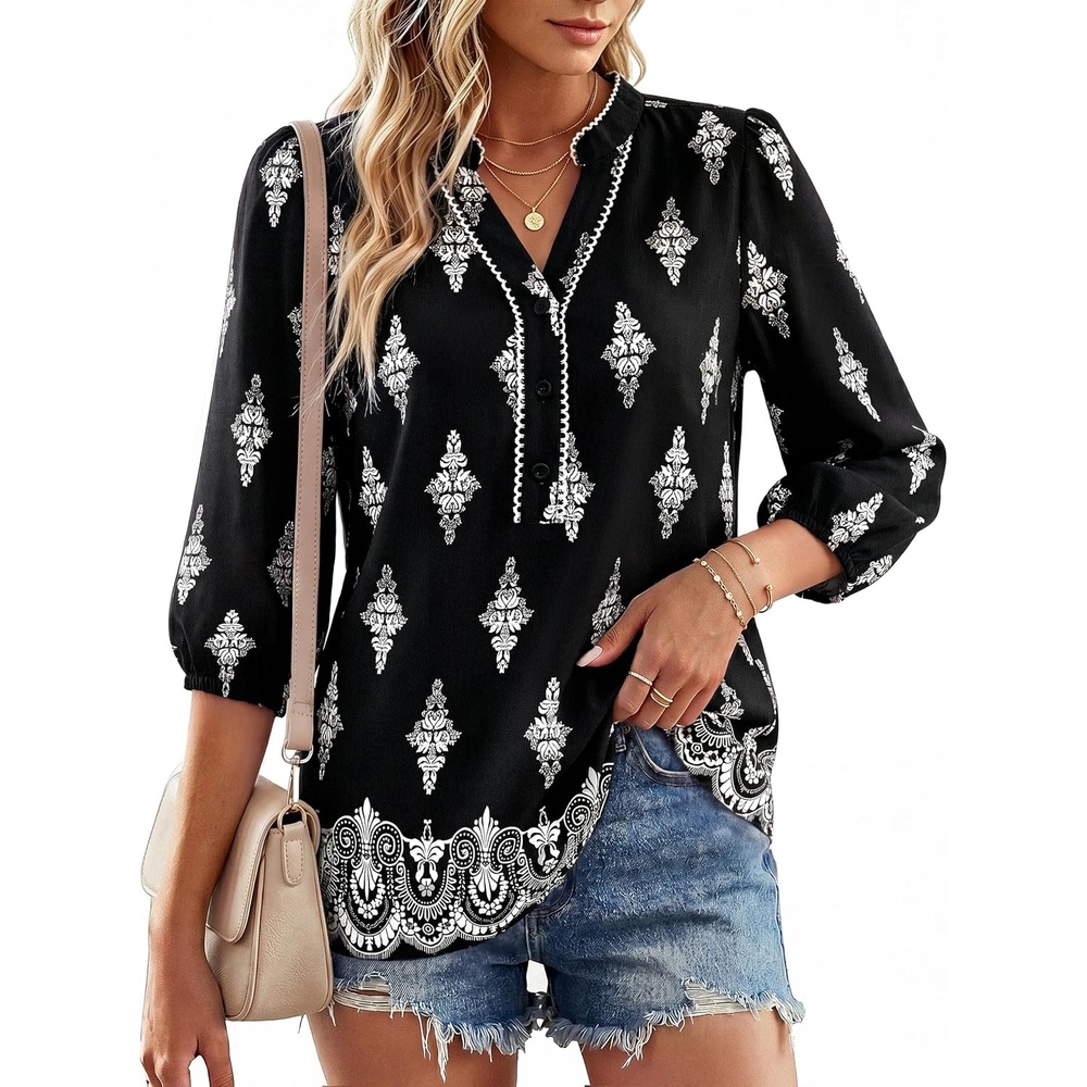 image:imageGRACE KARIN Boho Tops for Women Summer Dressy Casual Floral Blouses V Neck Button Up 34 Sleeve Shirts for VacationBlack