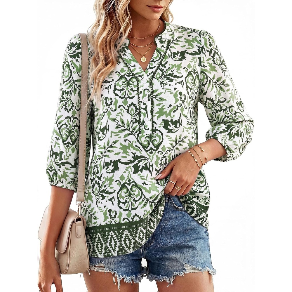 image:imageGRACE KARIN Boho Tops for Women Summer Dressy Casual Floral Blouses V Neck Button Up 34 Sleeve Shirts for VacationGreen Floral