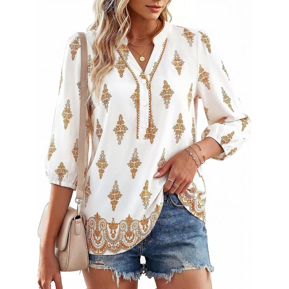 image:imageGRACE KARIN Boho Tops for Women Summer Dressy Casual Floral Blouses V Neck Button Up 34 Sleeve Shirts for VacationOragne Floral